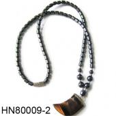 Hematite Beads and Tiger Eye Stone Horn Pendant Necklace